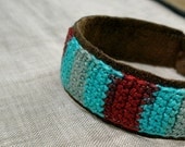 Crochet Bracelet - Mens Bracelet - Mens Gift - Crochet and Suede Leather - Unisex Cuff - Crochet Jewelry - Turquoise and Brown