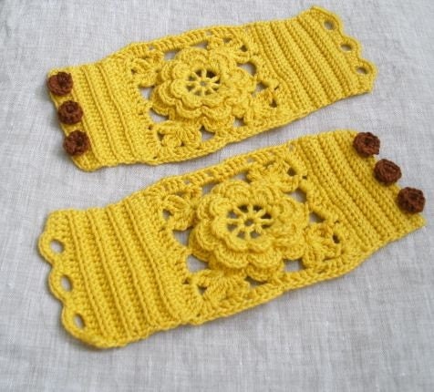 Crochet Wrist Warmers - Crochet Cuffs - Floral Cuffs - Yellow and Brown - OOAK