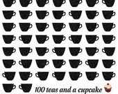 100 teas and a cupcake - Black and White cups - Print 8 x 11.5