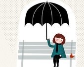 Girl umbrella rain black blue Home Decor - Sous la pluie Print 8 x 11.5
