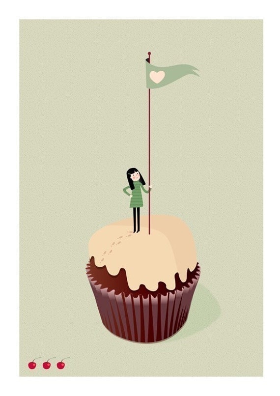On the summit of the Cupcake Print 8 x 11.5 - girl in greens climbing a mountain muffin