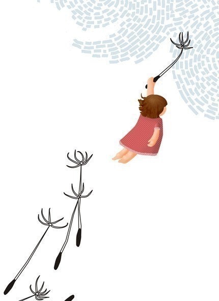 Freedom dandelion whimsical blue white illustration - Freedom Print 8 x 11.5
