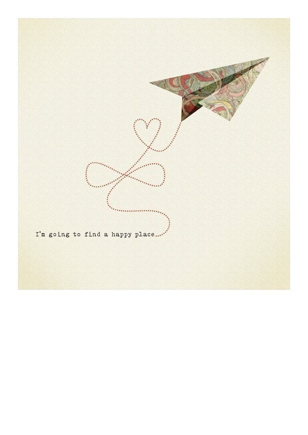 I am going to find a happy place Print 8 x 11.5 - Home Decor digital illustration airplane origami heart fly freedom cream natural