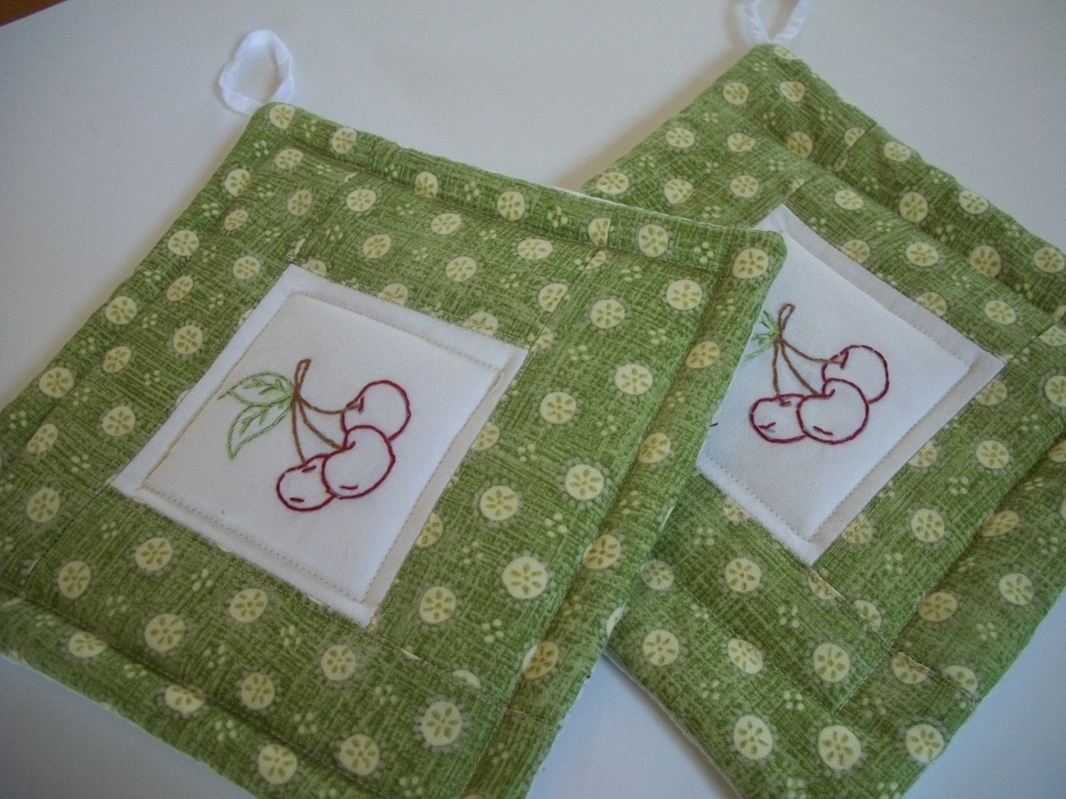 Embroidered Cherries Pot Holder - Set of 2