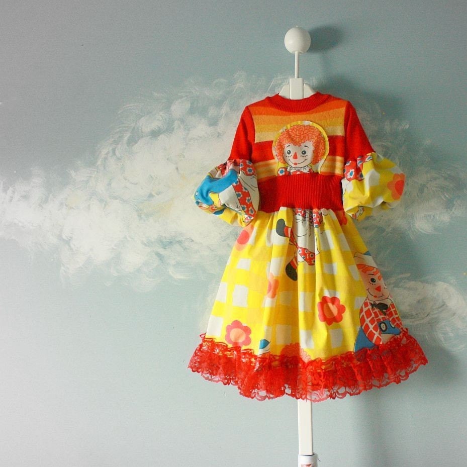 Girl's Red Raggedy Ann Upcycled Dress Yellow Orange Vintage Dolls 6 7 'DOLLY WORLD'