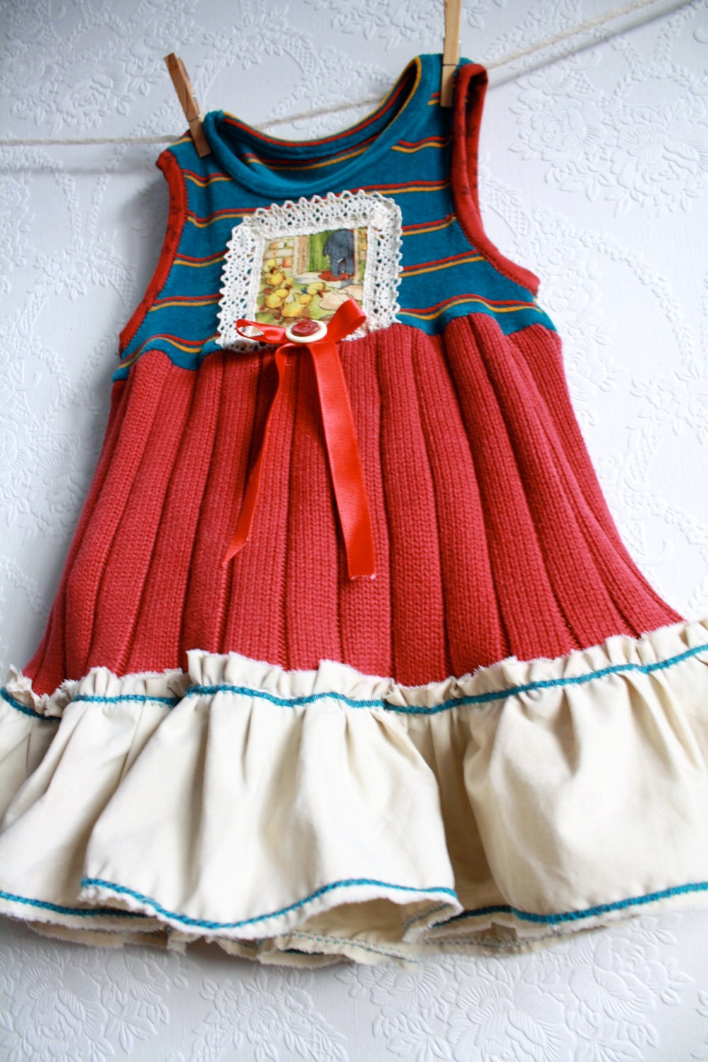 Toddler's Jumper Dress 2T Teal Burgundy Ruffle Lace Ducks Girl's Upcycled Children's Clothing 'OLIVIA'