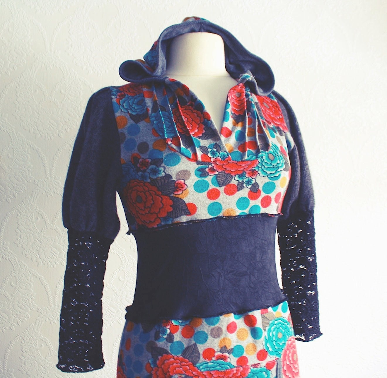 Upcycled Hooded Dress Women's Bohemian Clothing Black Red Blue Casual Comfort Floral Mini Dress Small XS 'WINIFRED'