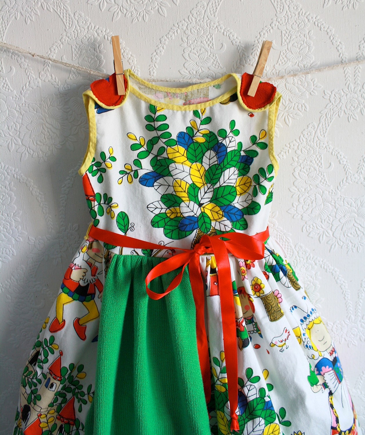 Fairy Tale Toddler Dress 2T Vintage Fabric Red Green White Girl's Jumper Dress Children's Upcycled Clothing 'GRETEL'