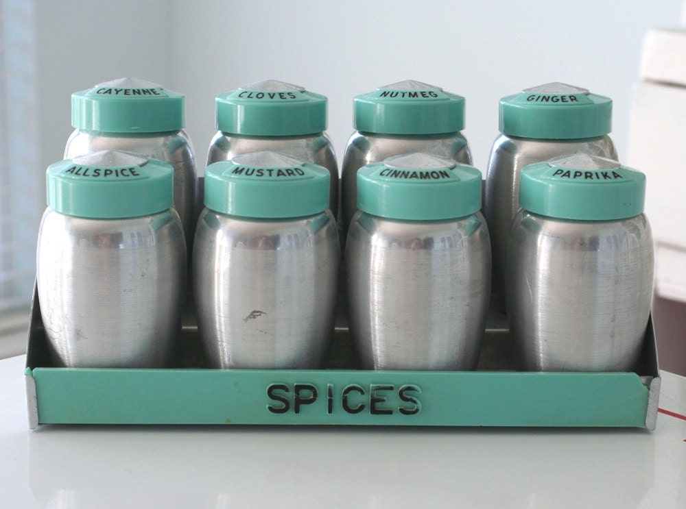 Complete Set of Kromex Turquoise Shakers and Spice Rack
