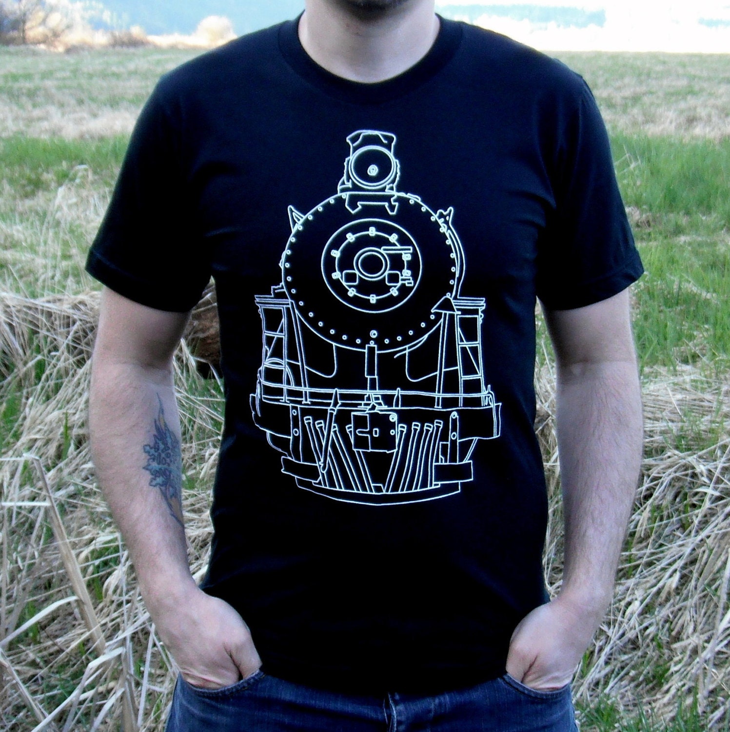 Gift for Dad - Men's Train Tshirt Cotton Screenprinted Graphic Tee