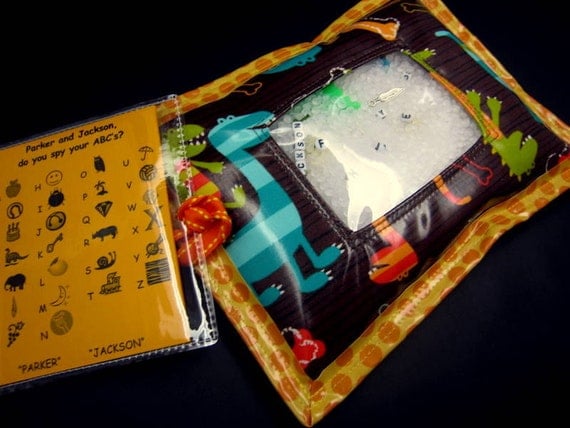 I Spy Bag - Wipeable, Personalized, ABCs and Colors - - Yellow and Orange Dinosaurs