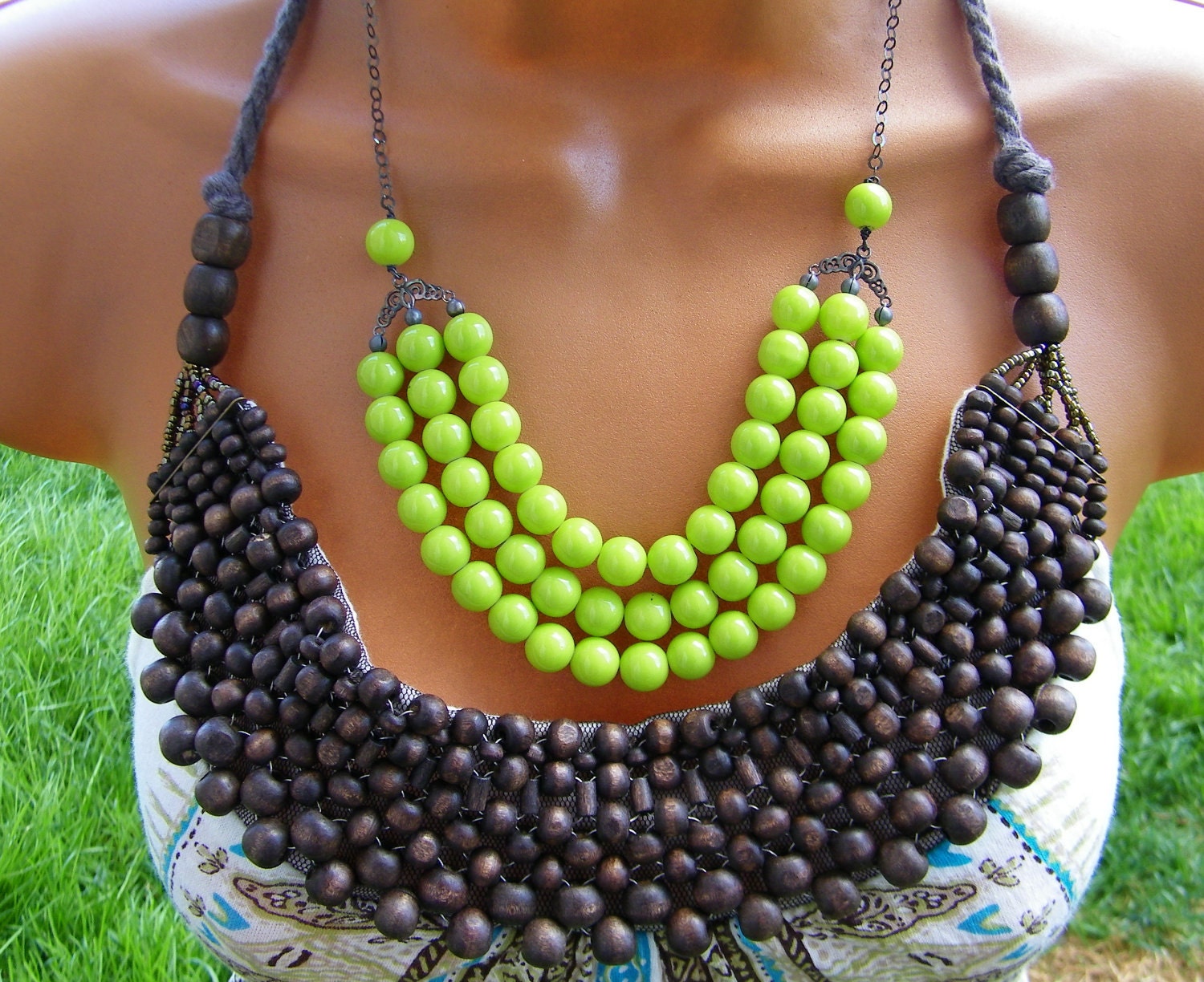 Neon Green Apple Glass Bib Necklace. Oxidized Sterling Silver Patina.