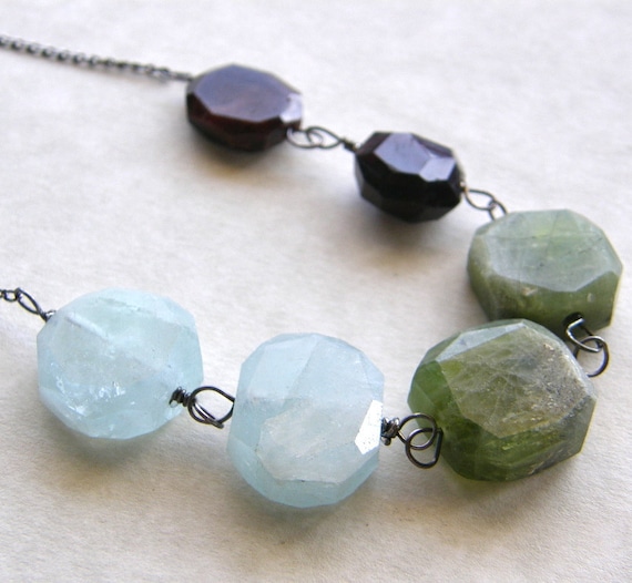 Aquamarine Necklace, Peridot and Garnet Necklace, Color Block Necklace, Extra Long Necklace