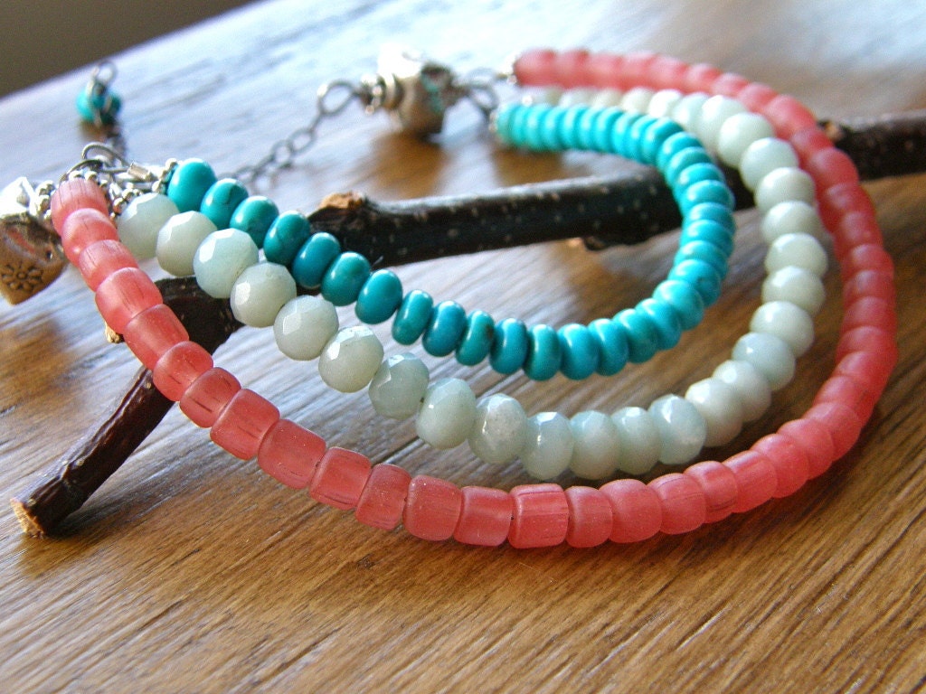 Turquoise, Aqua and Coral Bib Neckalce, Turquoise, Amazonite & Indonesian Glass Necklace - The Isle