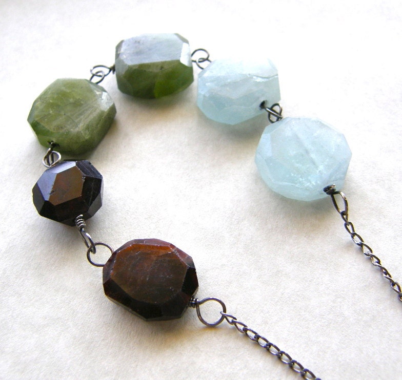 Aquamarine Necklace, Peridot and Garnet Necklace, Color Block Necklace, Extra Long Necklace
