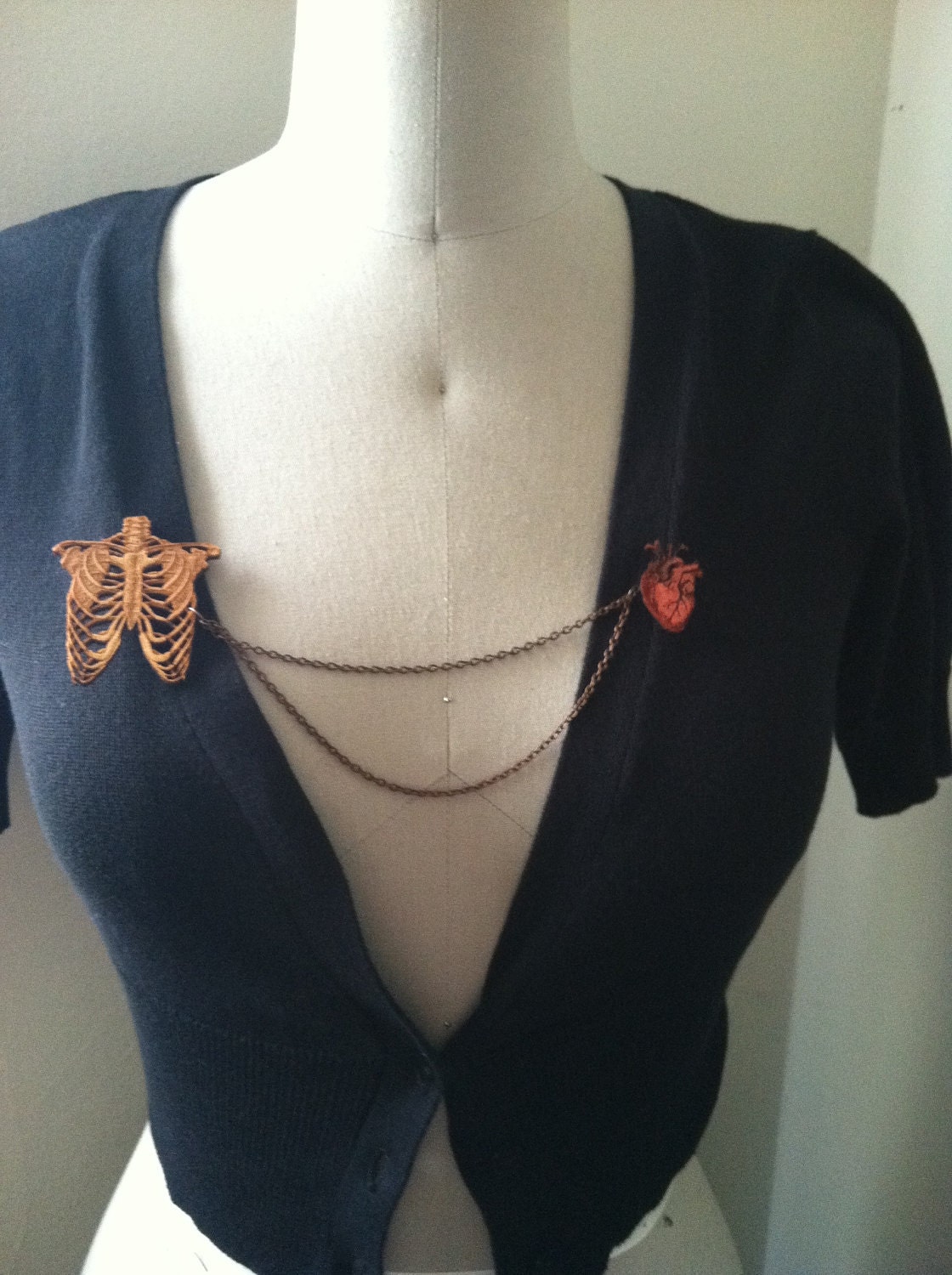 Wooden Rib Cage and Heart Sweater Clip