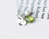 Personalized Birthstone & Pearl Necklace - Sterling Silver Heart Custom Font, Natural Peridot Gemstone, Pearl, Sterling Silver Chain Necklac