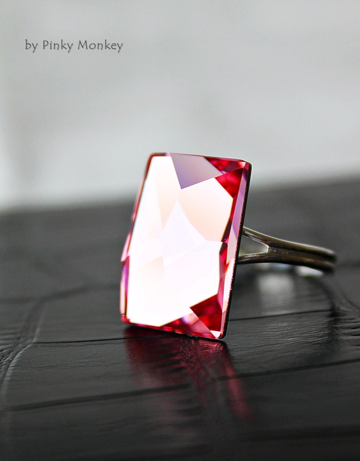 Exquisite Rose Pink Swarovski Crystal Adjustable Sterling Silver Cocktail Ring, rose pink, gift for her,gift for mom,wedding