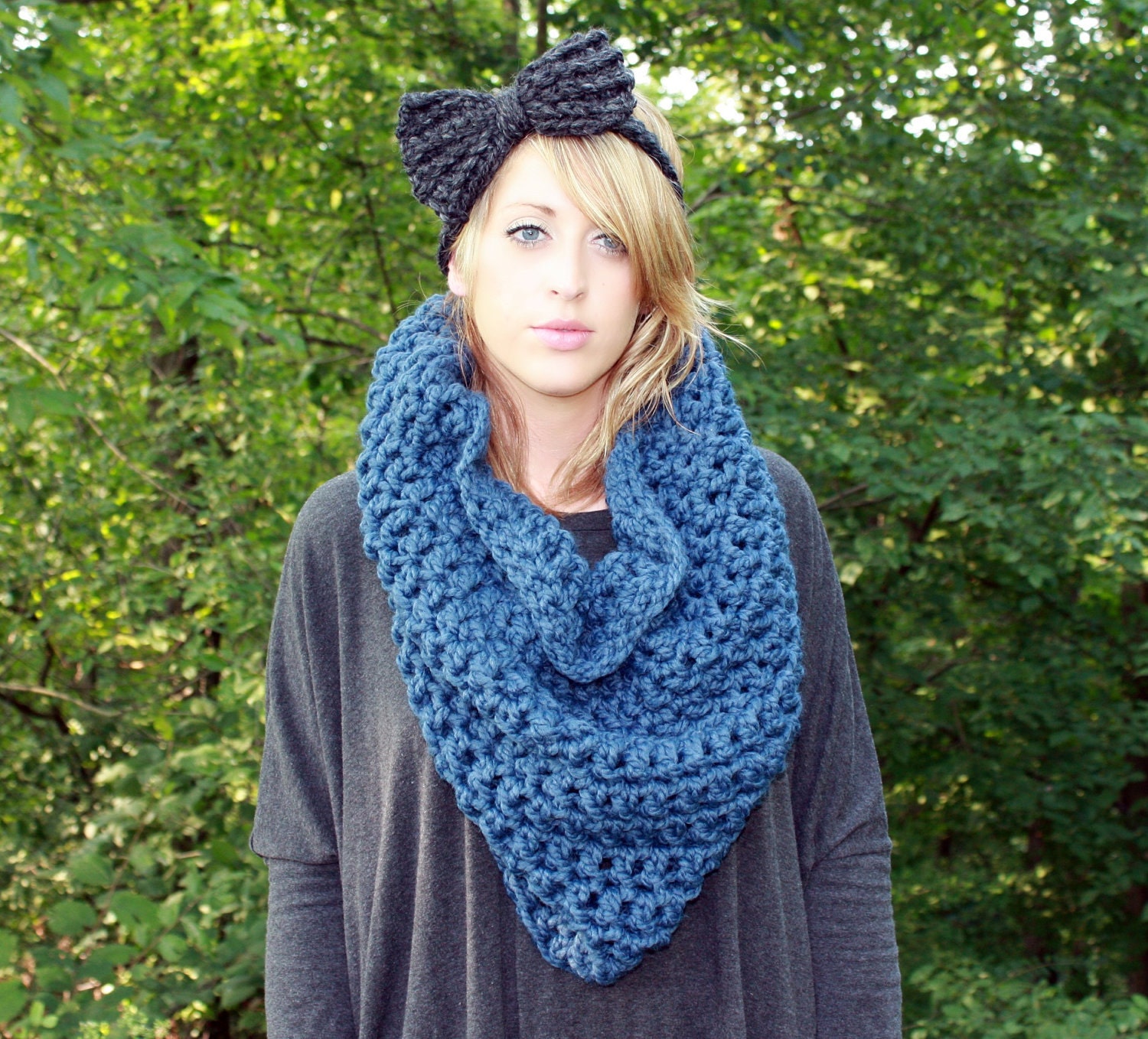 Sumptuous Snood and Bow Combo....Giant Infinity Scarf Hood and a Bow Headband