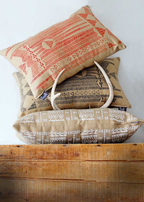 Going Hunting -  Red and Cornstalk - Modern Print Hand Printed Pillow - by Bark Decor