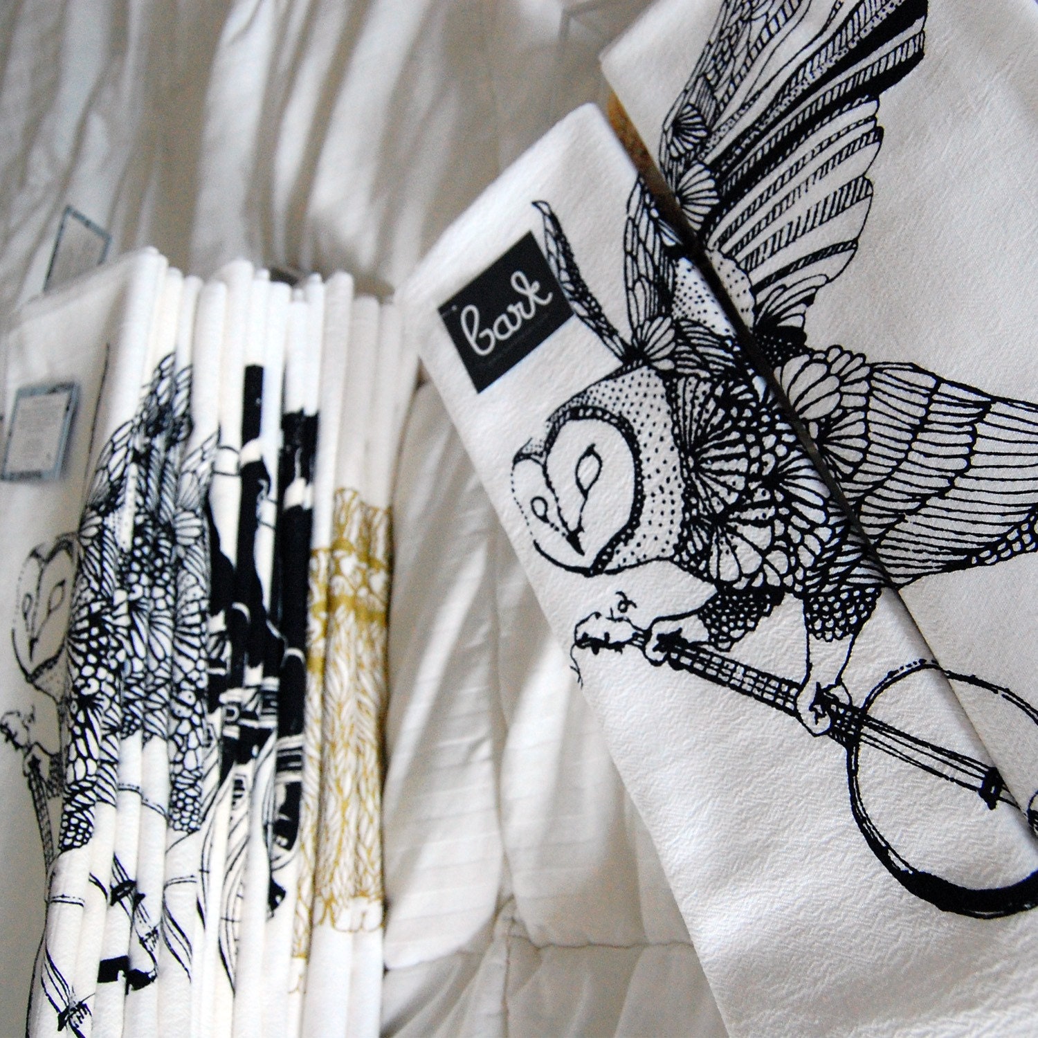 Ghost Banjo - Hand Printed Flour Sack towel Owl and Banjo Kitchen Dish Towel - by Bark Decor