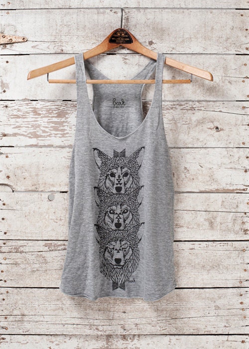 Wolf Totem - womens tri-blend racerback jersey tank top - Wolf Wolves modern - by Bark Decor
