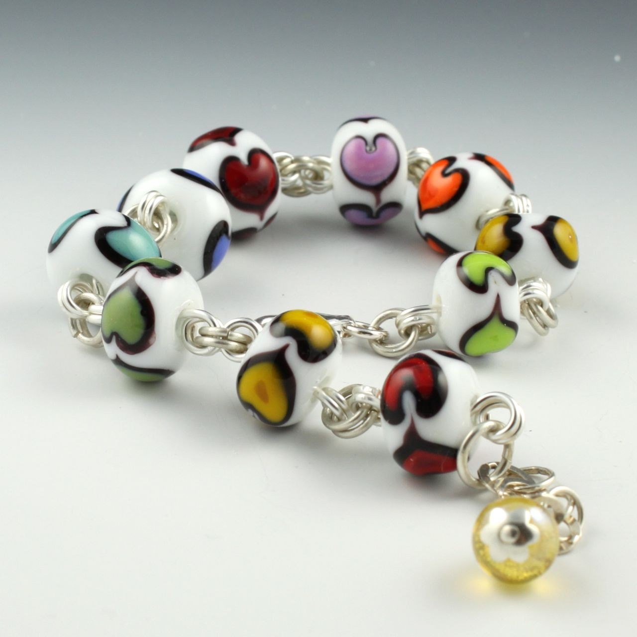 Rainbow LOvE Hearts Glass Bead Bracelet, heart bead bracelet