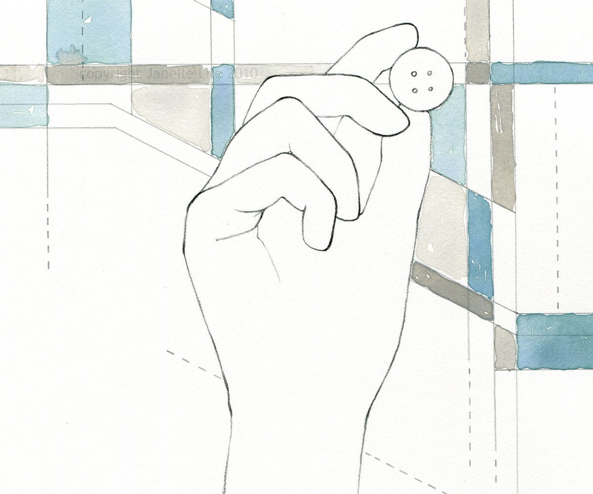 Teal, gray, and white fine art print:  Vary - reproduction of mixed media drawing of hand and button