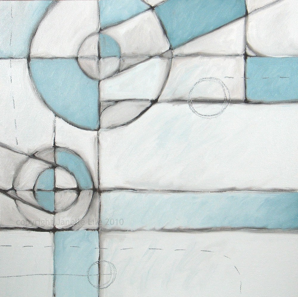 Original aqua, gray, and white abstract oil painting: Again 1, geometric contemporary oil on canvas