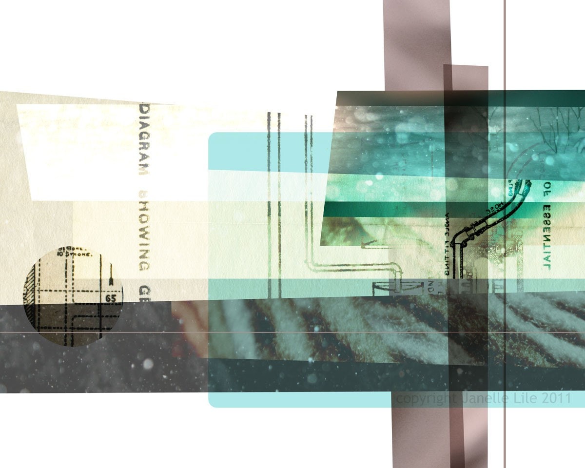 Abstract fine art digital collage: Distant 2 - archival print of aqua, beige, and mauve transparent layered digital collage