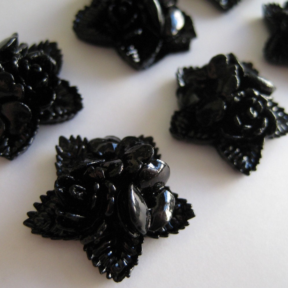 6 Star Flower Cabochons Black Vintage