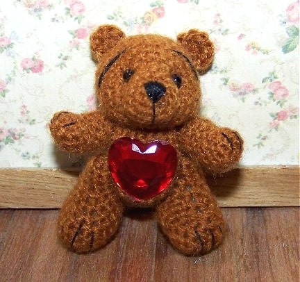 Valentine Teddy Bear Miniature Heart Thread Artist Crochet Ready to Ship