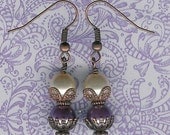 50% off SALE- Olivia Earrings- Antique Copper, Lavender and Ivory Glass Pearls