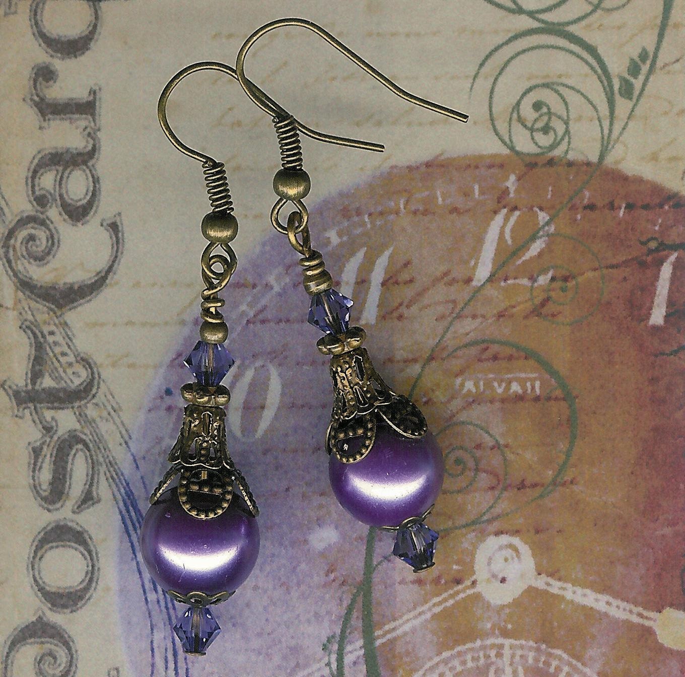50% off SALE- Mila Earrings-Antique Brass, Tanzanite Swarovski Crystal and Lavender Glass Pearl
