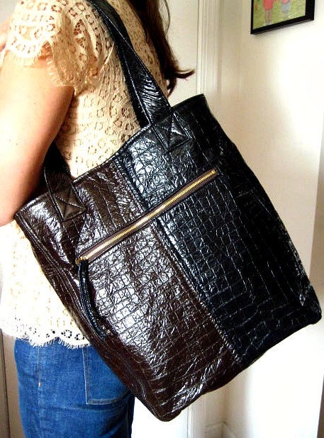 Tote Bag Faux Crocodile, Black and Brown Handbag with Gold Zipper