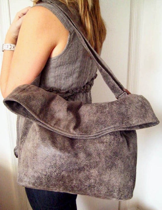 Earth Tone Bag in Faux Suede, Flop Bag in Stone, Crossbody Bag