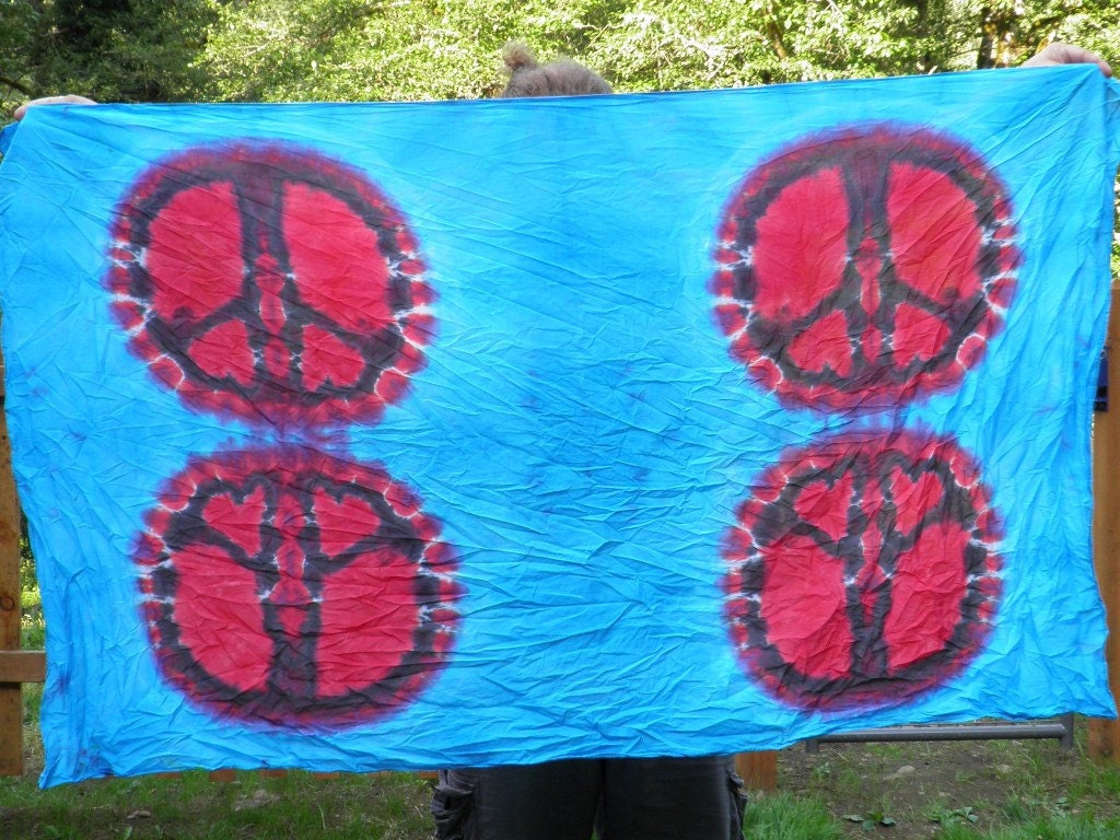 Red and blue Quadruple Peace Sign Tie Dye Tapestry (44 x 72) (One of a Kind)