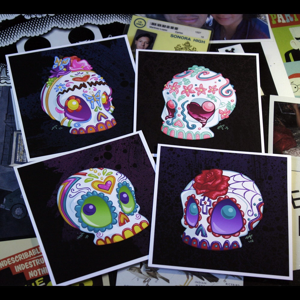 Sugar Skulls Print Set - Four 5x5 inch Dia de los Muertos Sugar Skull- Archival Digital Prints - Open Ended
