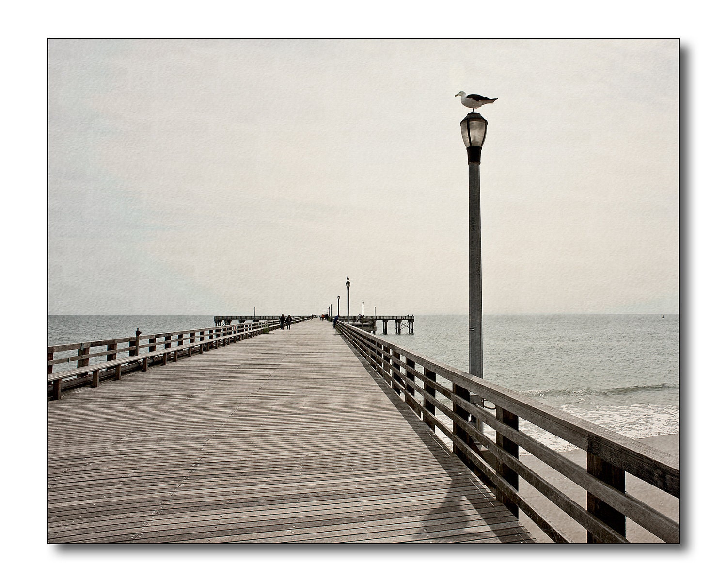 Pier On The Beach Fine Art Photography, Subtle Pastel Colors And Tones, Beach, Seagull, Lamppost, Decor Wall Art, Wood Boardwalk
