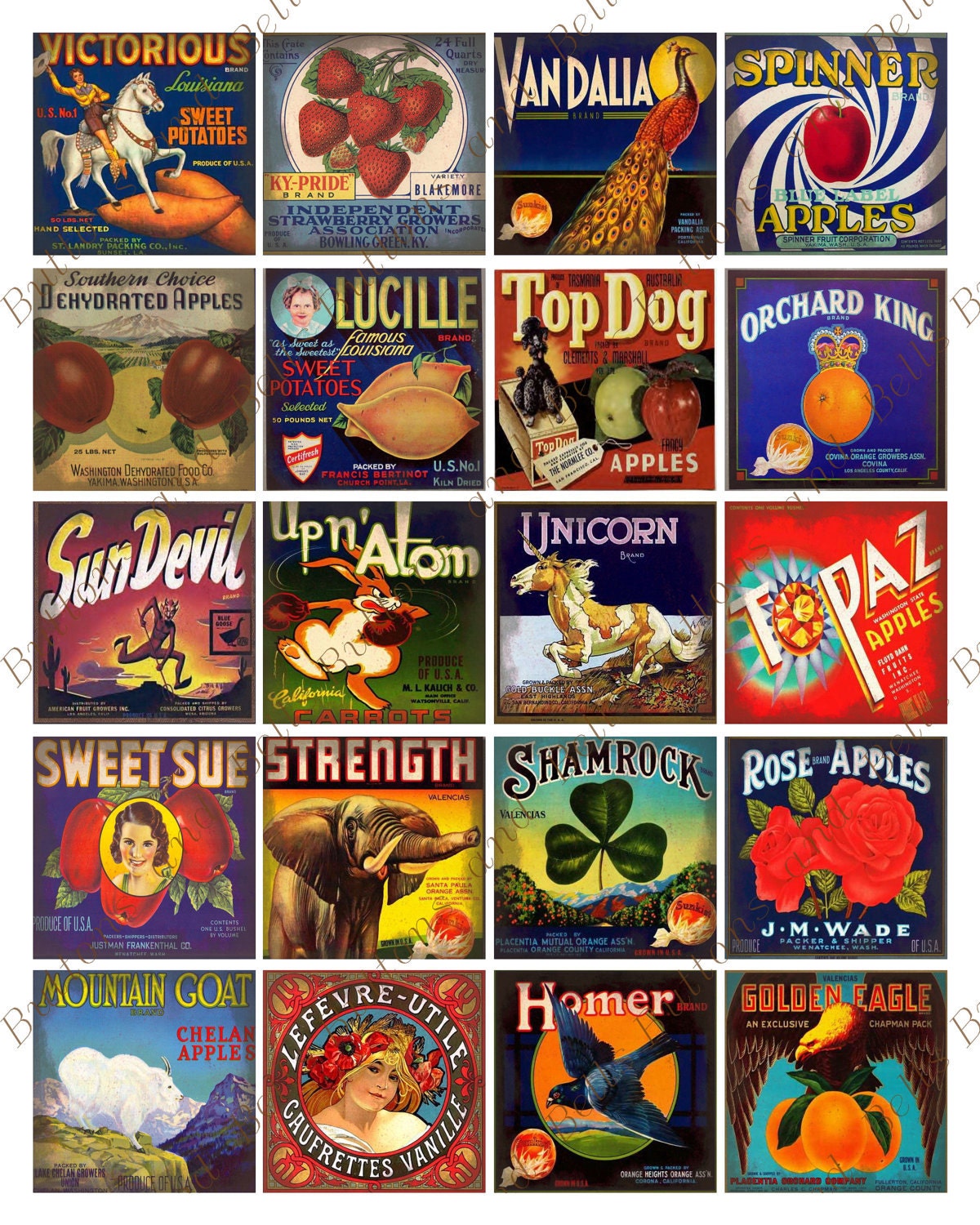 Digital Scrapbook -  Vintage Food Labels - 2x2 tiles - vintage squares - altered art - Collage Sheet