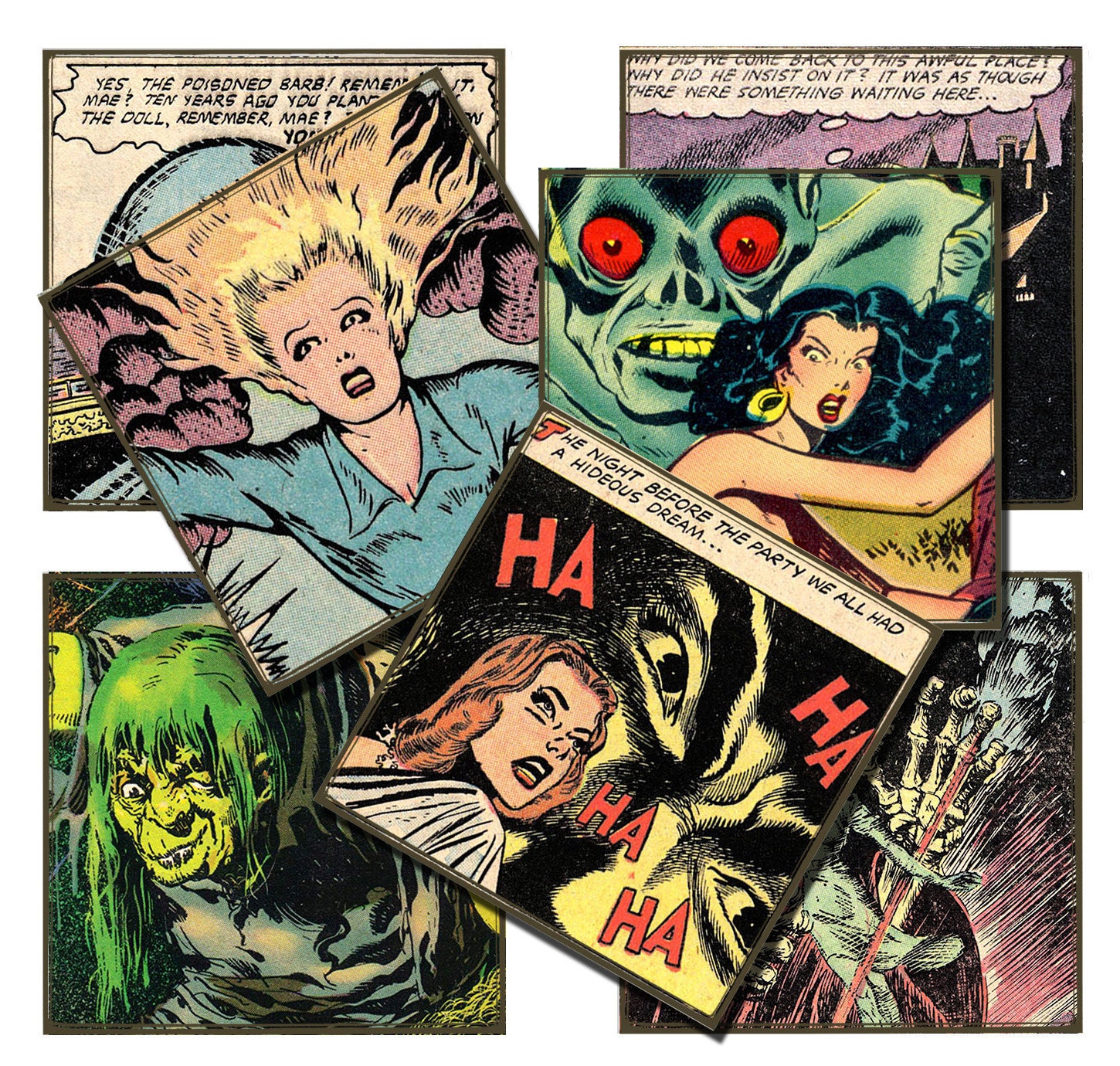 Digital Scrapbook -  Vintage Comic - Horror - Halloween - 1950s - Retro - Ephemera - 2 inch squares - Collage Sheet