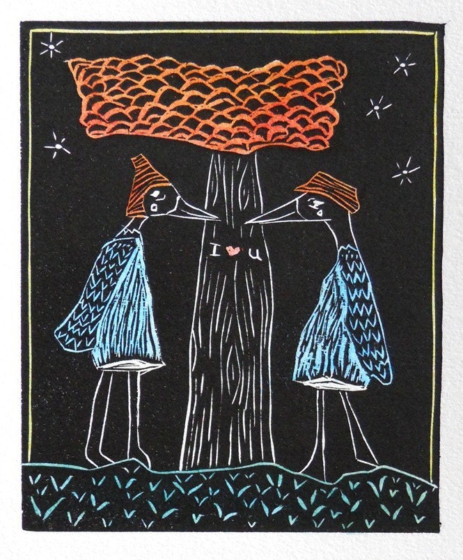 Love Birds - woodcut print