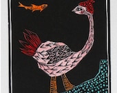 Mabel Finds a Flying Fish - a linocut
