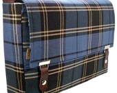 Unisex messenger / 15 inch laptop bag - blue and black plaid cotton - by stash