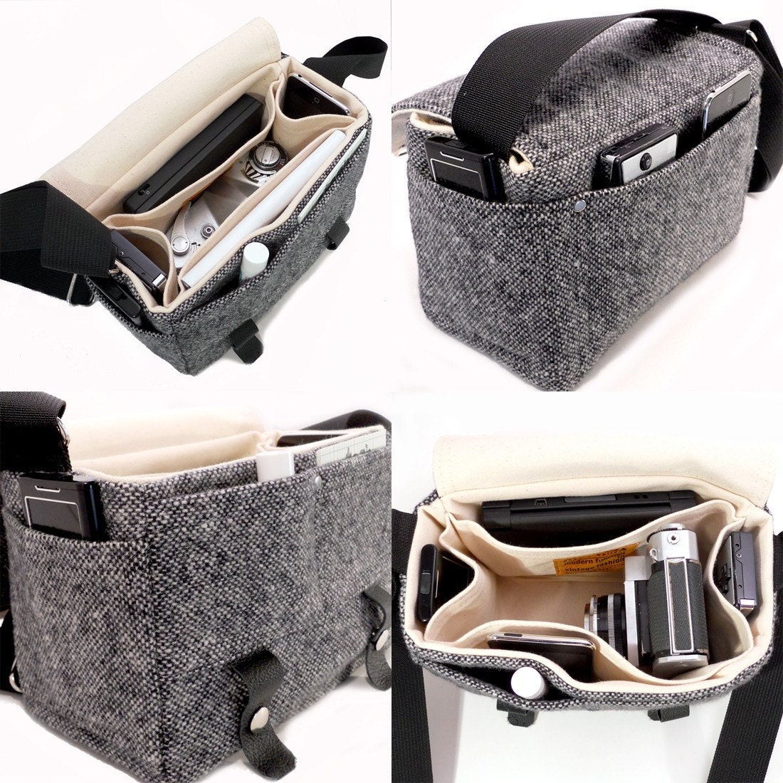 Small DSLR camera bag - brown tweed with leather strap