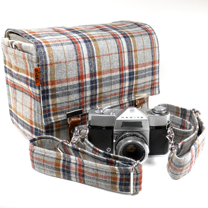 Medium camera messenger bag with detachable camera strap - gray, navy and rust vintage wool