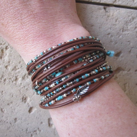 Boho Light Brown Leather Wrap Bracelet with Silver Accents and Turquoise Mix Japanese Glass Beads