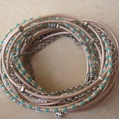 Boho Chic Champagne Leather Wrap Bracelet with Turquoise, Pearl, Silver & Champagne Miyuki Beads