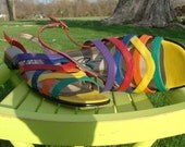 RAINBOW CONNECTION Colorful Leather Sandals Vintage 80'S Sz.7 US 37.5 Europe On Sale