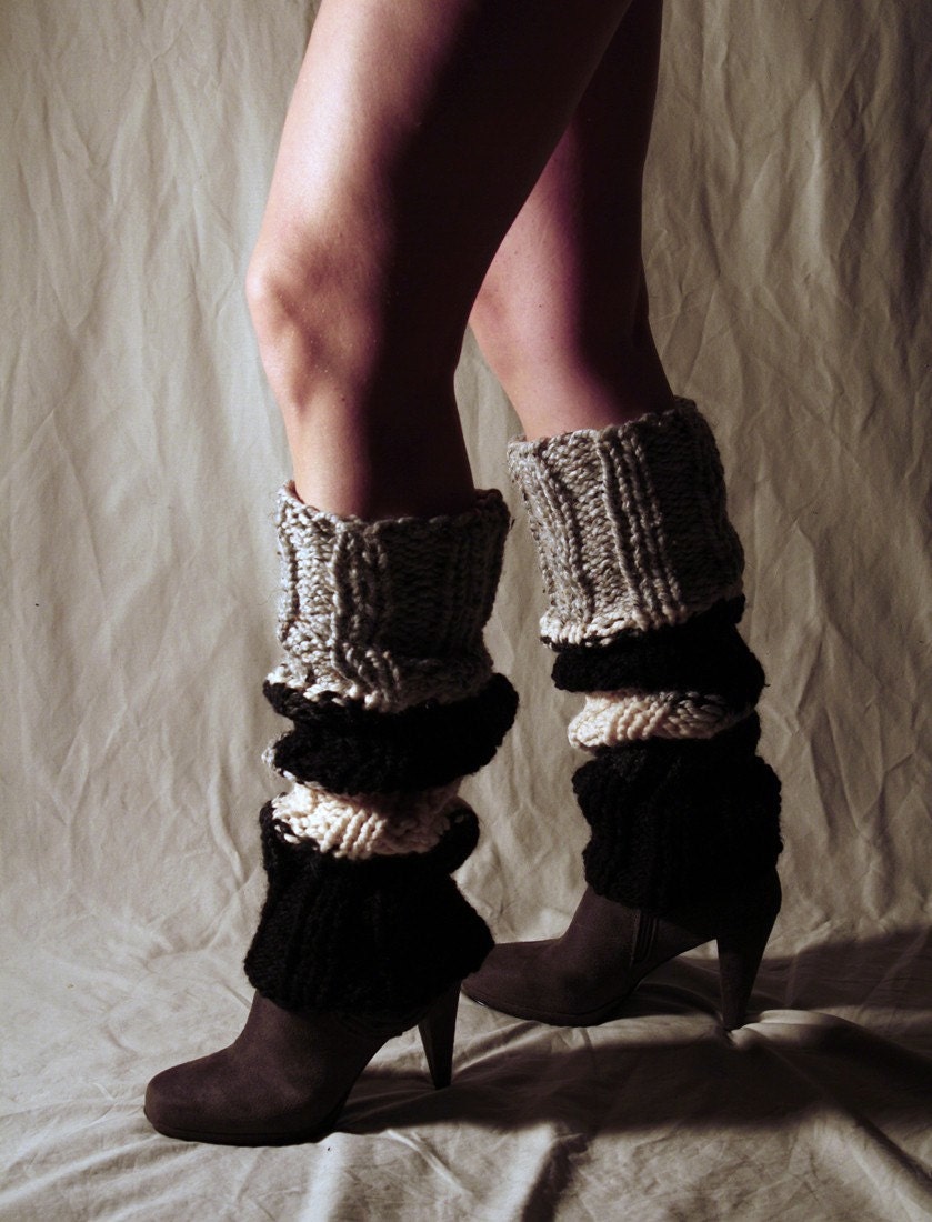 Reserved  - Legwarmers Cream Black Gray and Charcoal Stripe - Mega High Over the Knee